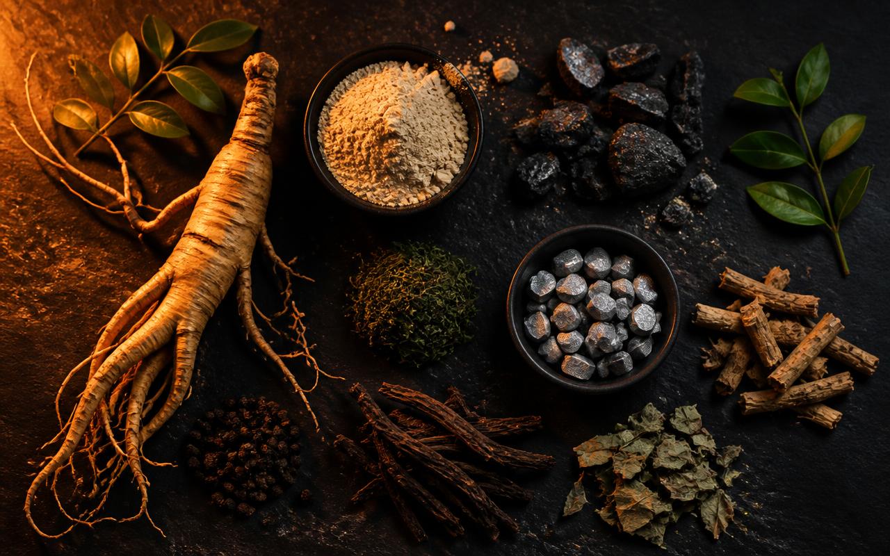 Natural supplement ingredients including ginseng root, maca powder and minerals on dark slate